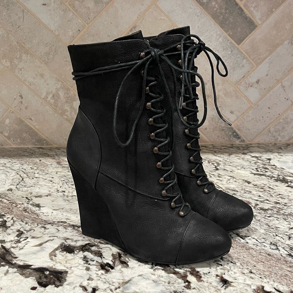 Joie Black Leather Lace Up Wedge Ankle Boots‎ Side Zip Almond Toe Size 37 - Picture 5 of 11